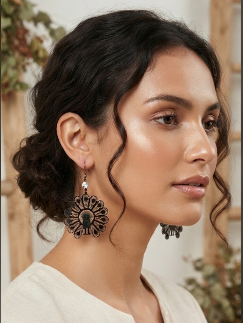 Laser Cut Black Peacock Earrings Clear Rhinestone Accents Buddha Center Zen Boho